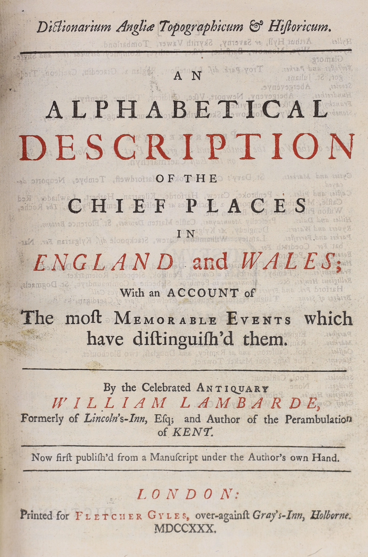 Lambarde, William - Dictionarium Angliae Topographicum & Historicum. An alphabetical description of the chief places in England and Wales ... portrait frontis., head and tailpiece decorations; contemp. gilt-ruled calf, s